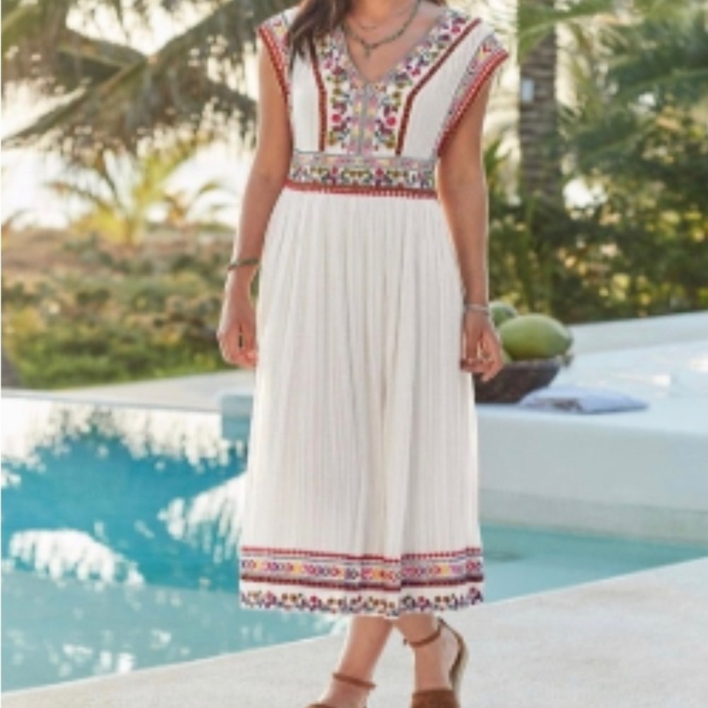Sundance White Embroidered Boho Midi Dress